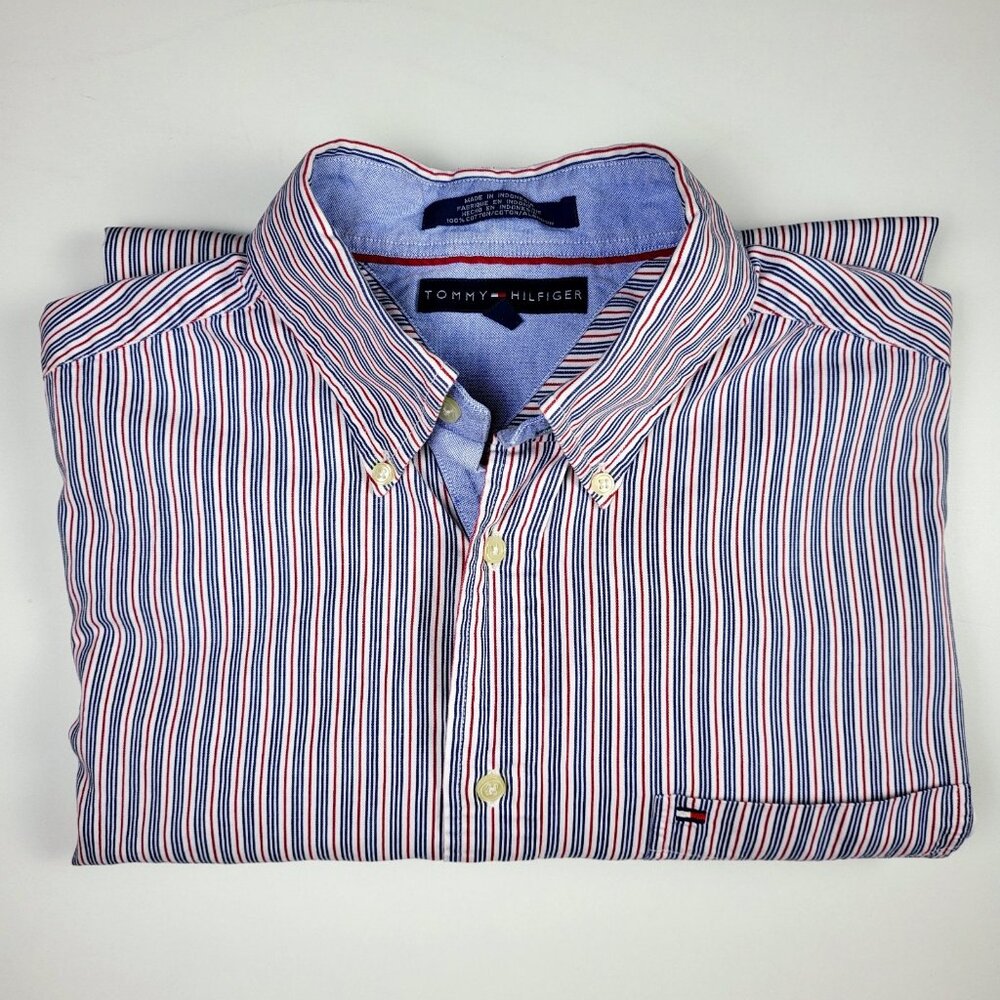 Vintage Tommy Hilfiger‎ Button Down, Men's Large Red White Blue Stripe
